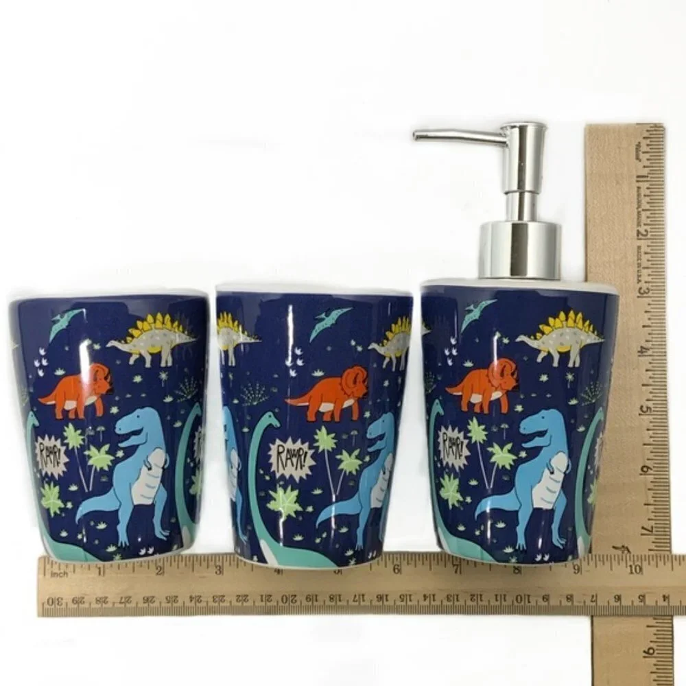 Matt & Maddie Dinosaur Bath Accessories Kids Colorful Ceramics Blue 3 Piece Set